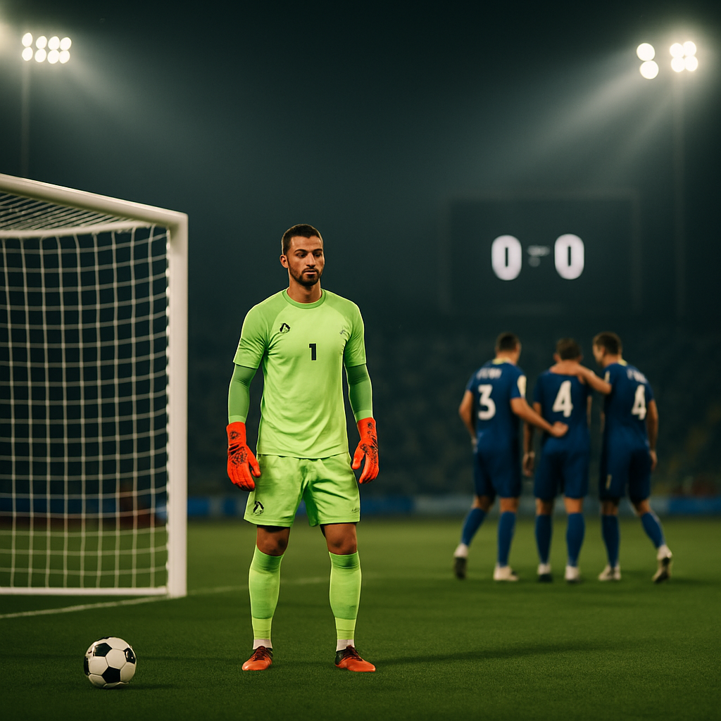 An Azerbaijani league goalkeeper stands in front of goal as his defenders regroup, illustrating