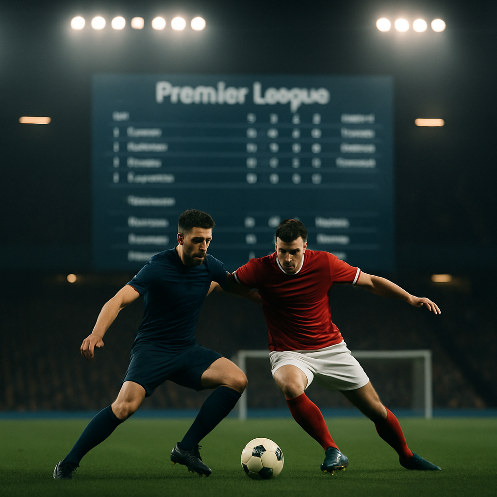 Rival football teams battle for possession as the Premier League title race intensifies.