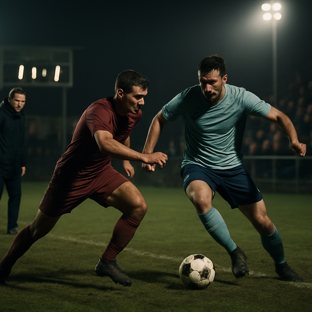 Players battle for possession in a tense late-season football match, with every point crucial