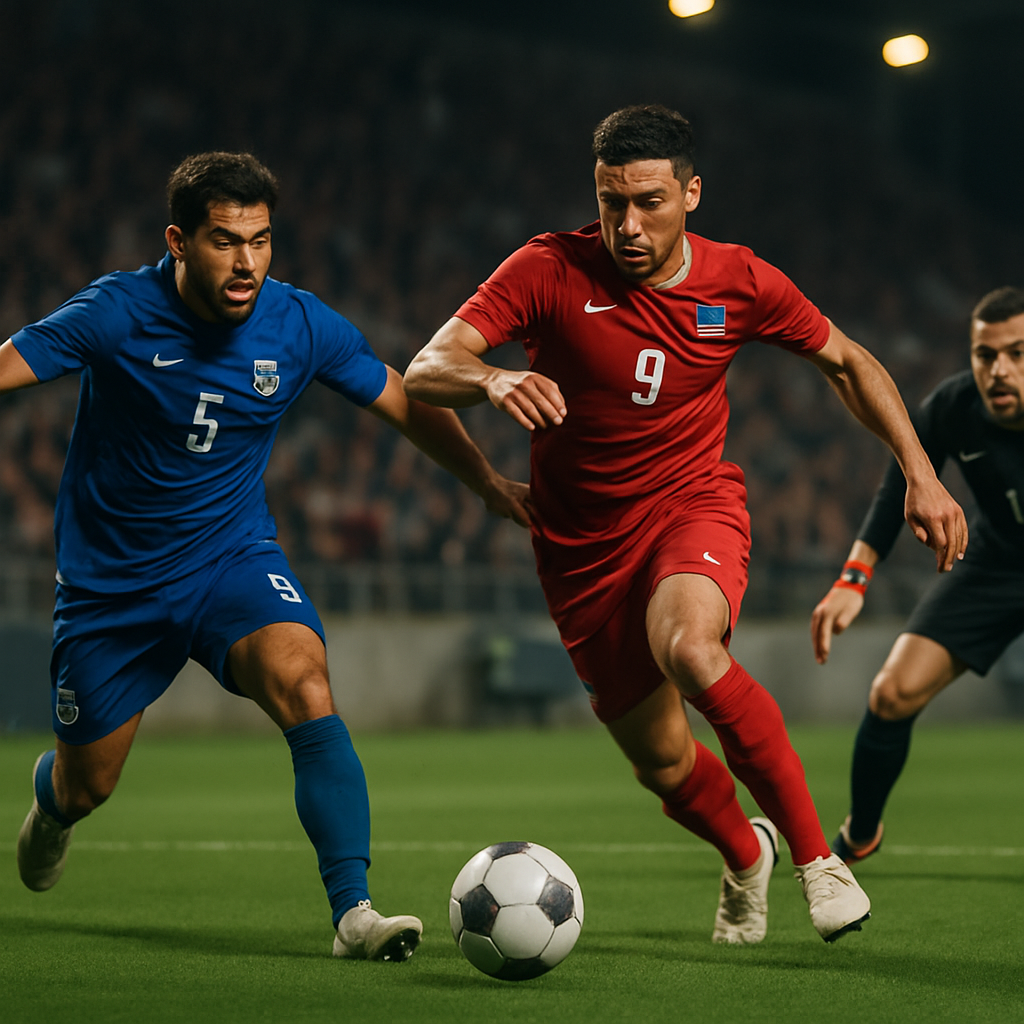 An attacker drives into the penalty area during a floodlit Azerbaijani football derby as