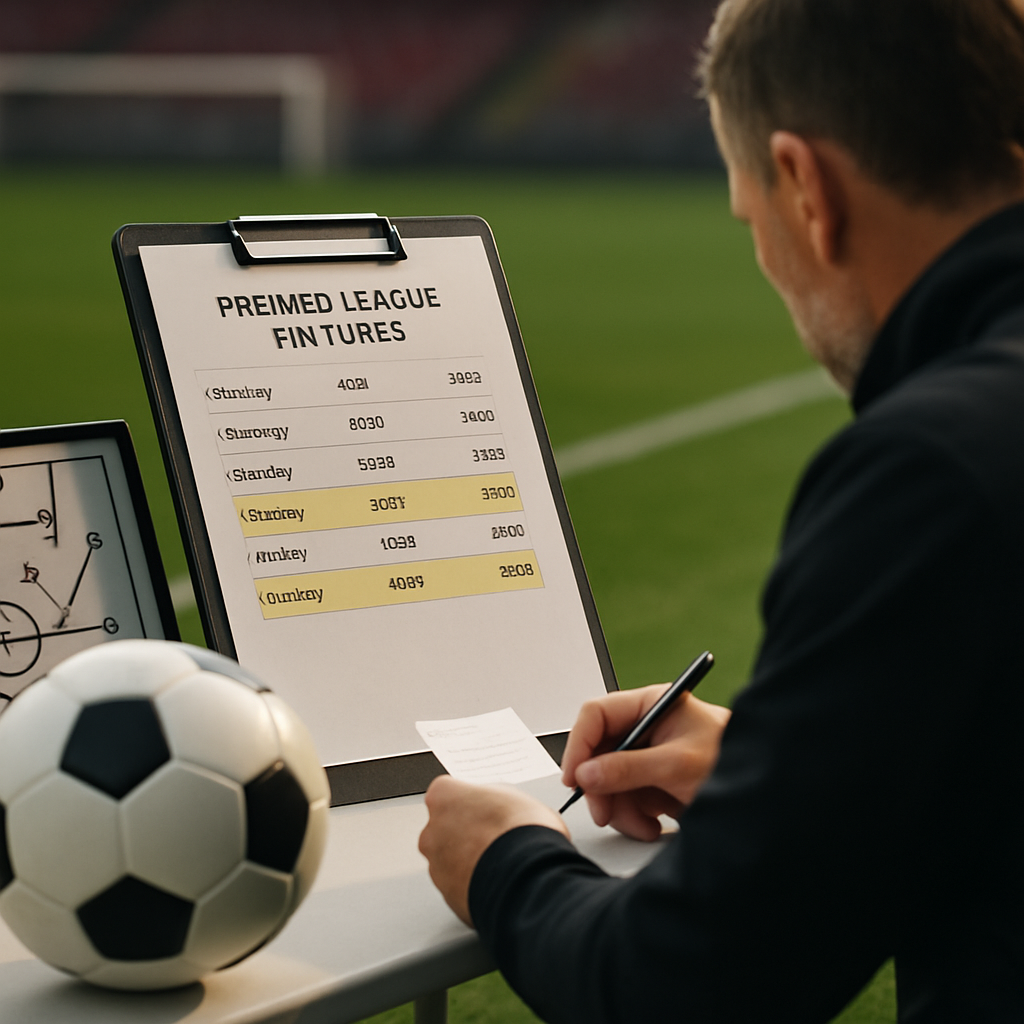 A coach reviews a fixture schedule and tactics board beside a football pitch.