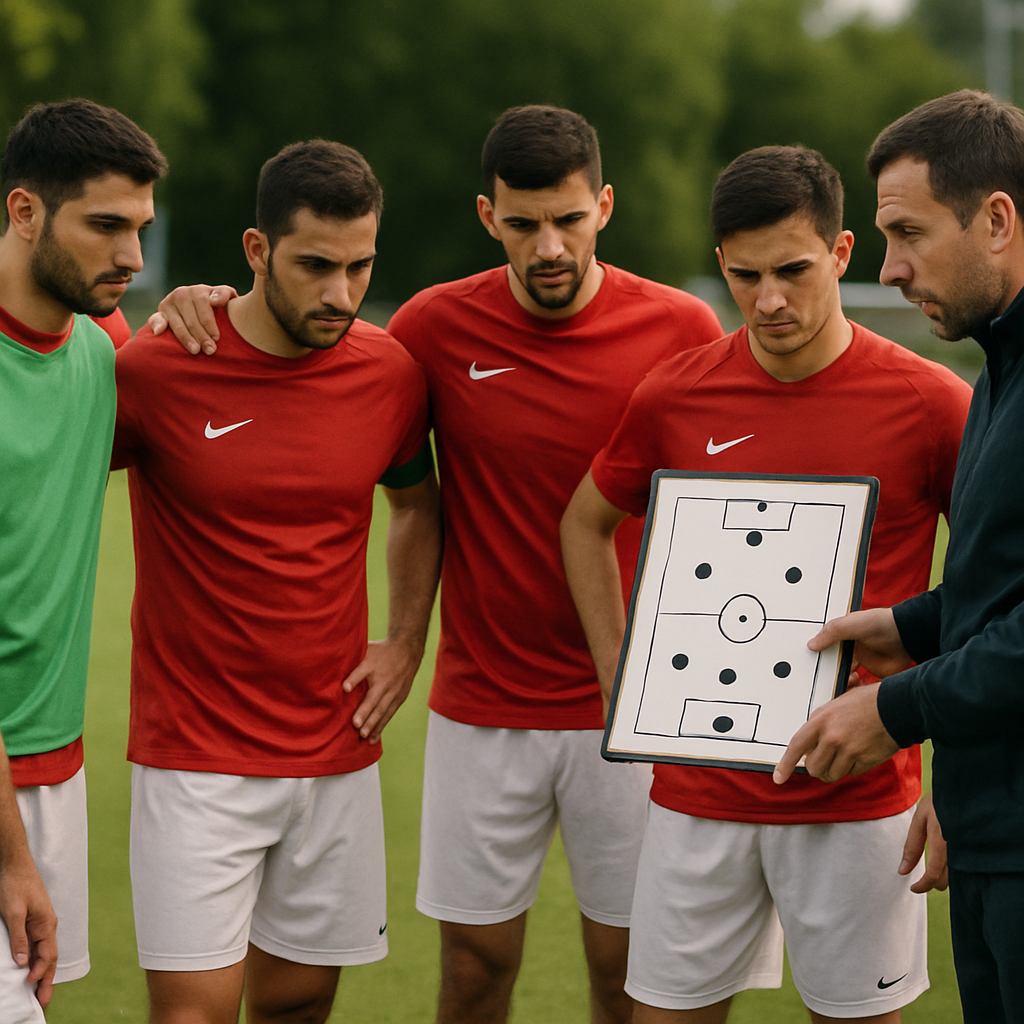 Azerbaijan national-team players gather around a coach and tactics board, illustrating how roles and