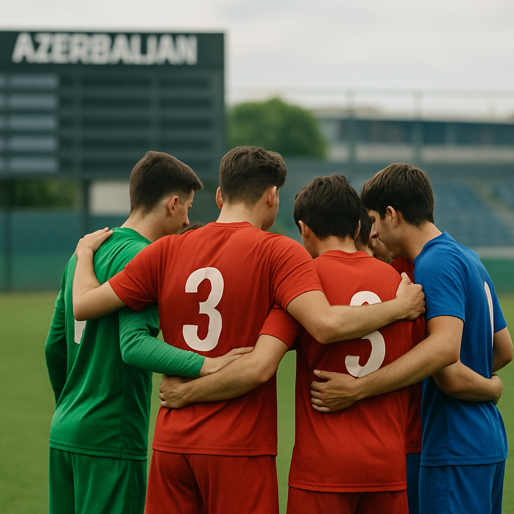 Young footballers in an Azerbaijan-inspired kit huddle on a pitch, with a blurred blank