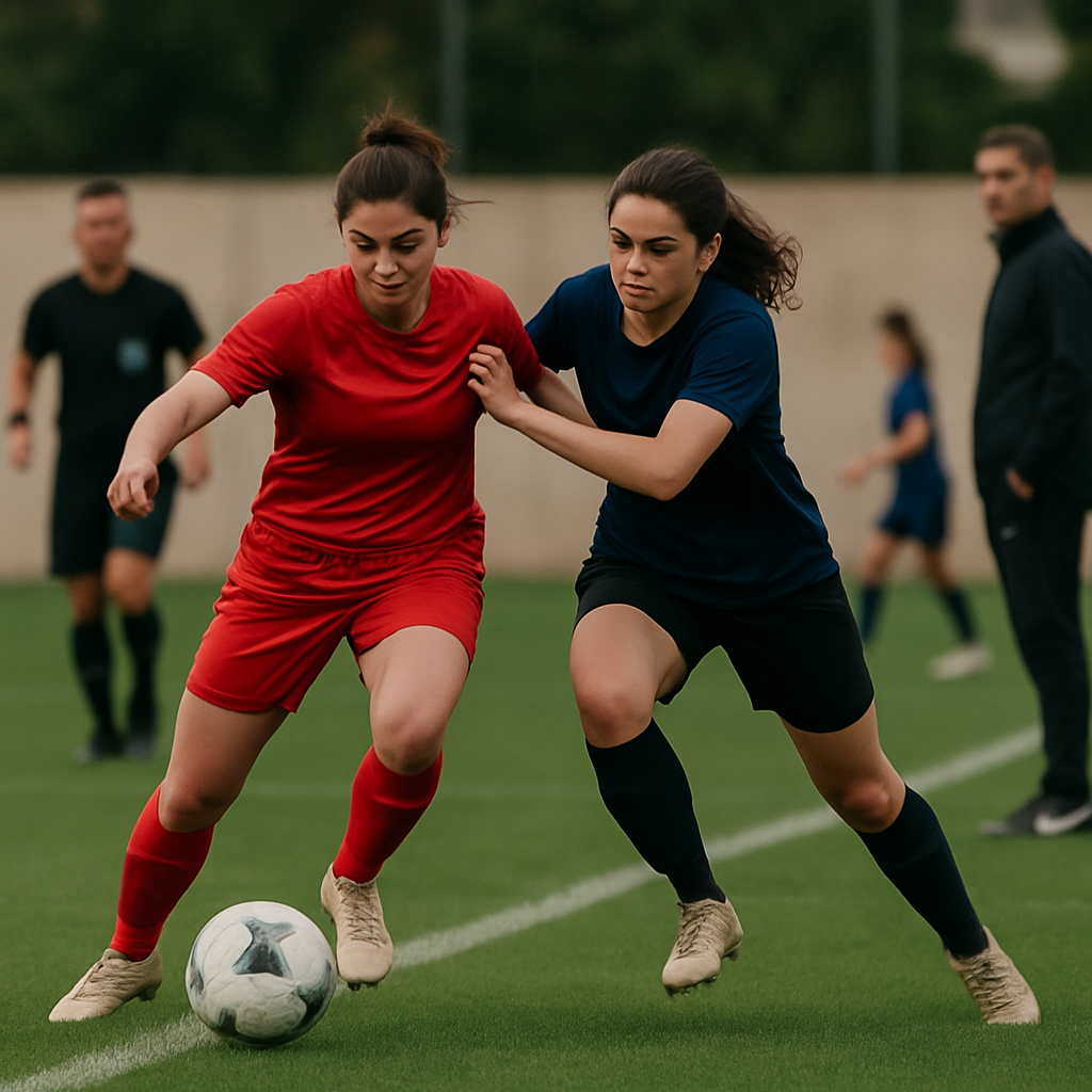 Players contest the ball in a women’s football match as a coach watches from
