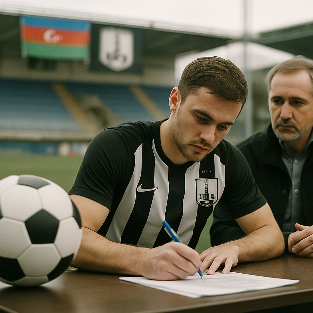 A footballer signs a contract at a desk beside a football, representing Azerbaijan’s winter