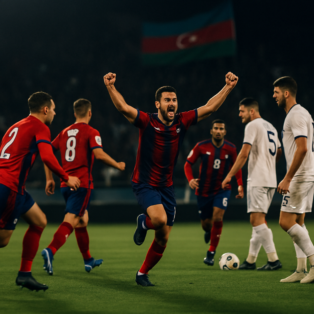 Players battle for the ball in a tense Azerbaijani football match as teammates react