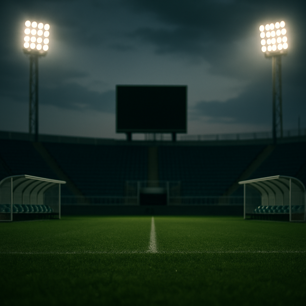 An empty football stadium at dusk with a blank scoreboard, reflecting uncertainty over the