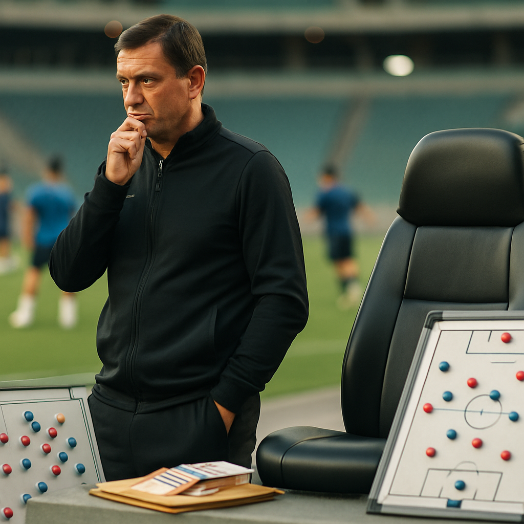 A football coach weighs his options at the touchline as players train, suggesting the