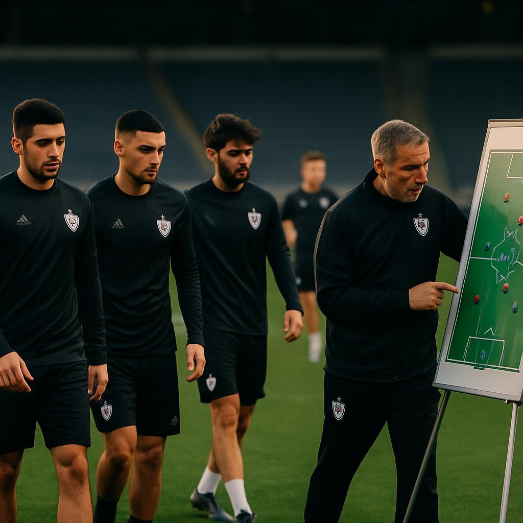 Qarabağ FK players and coach prepare for training on a football pitch after European
