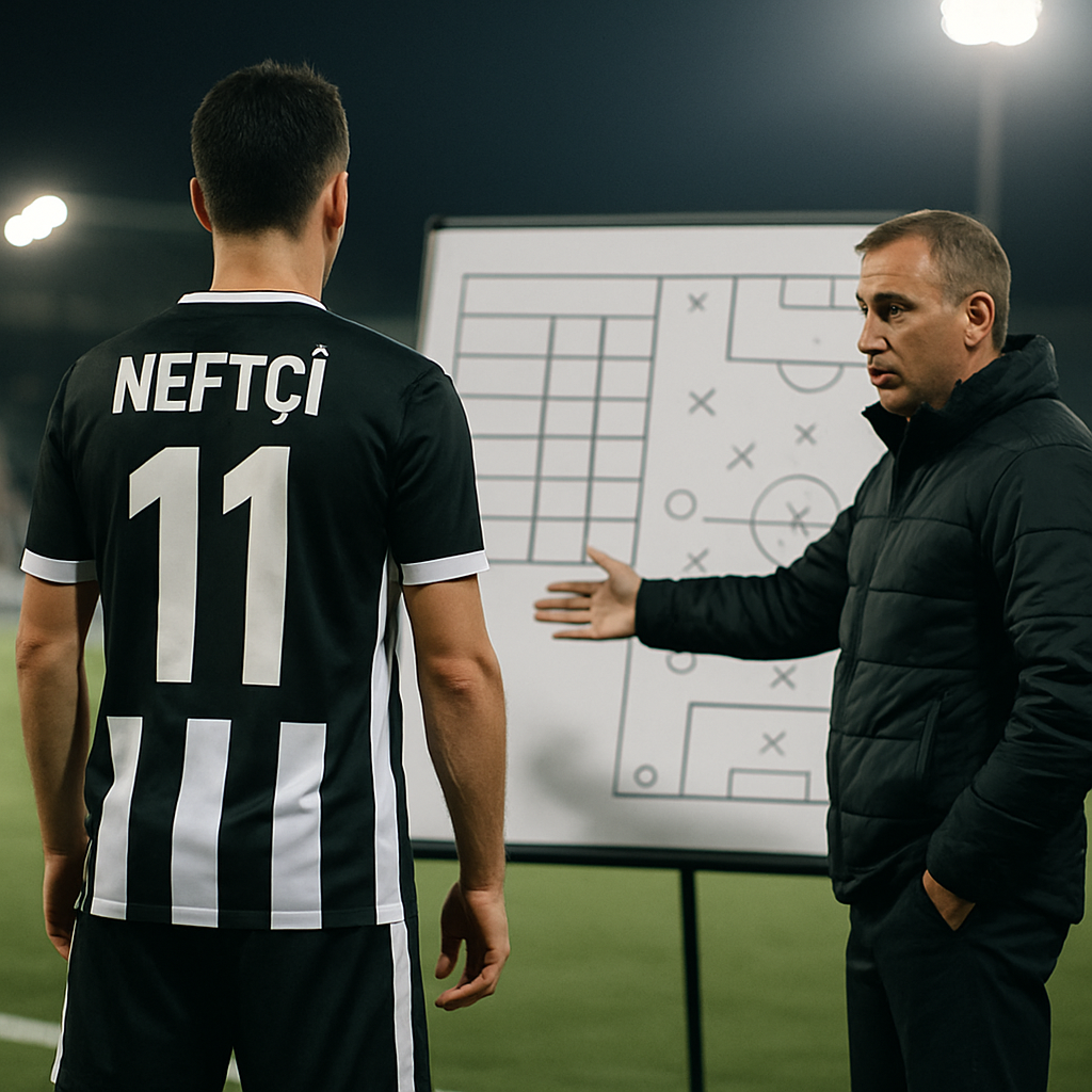 A Neftçi PFK player and coach review match tactics beside a simple league-table graphic