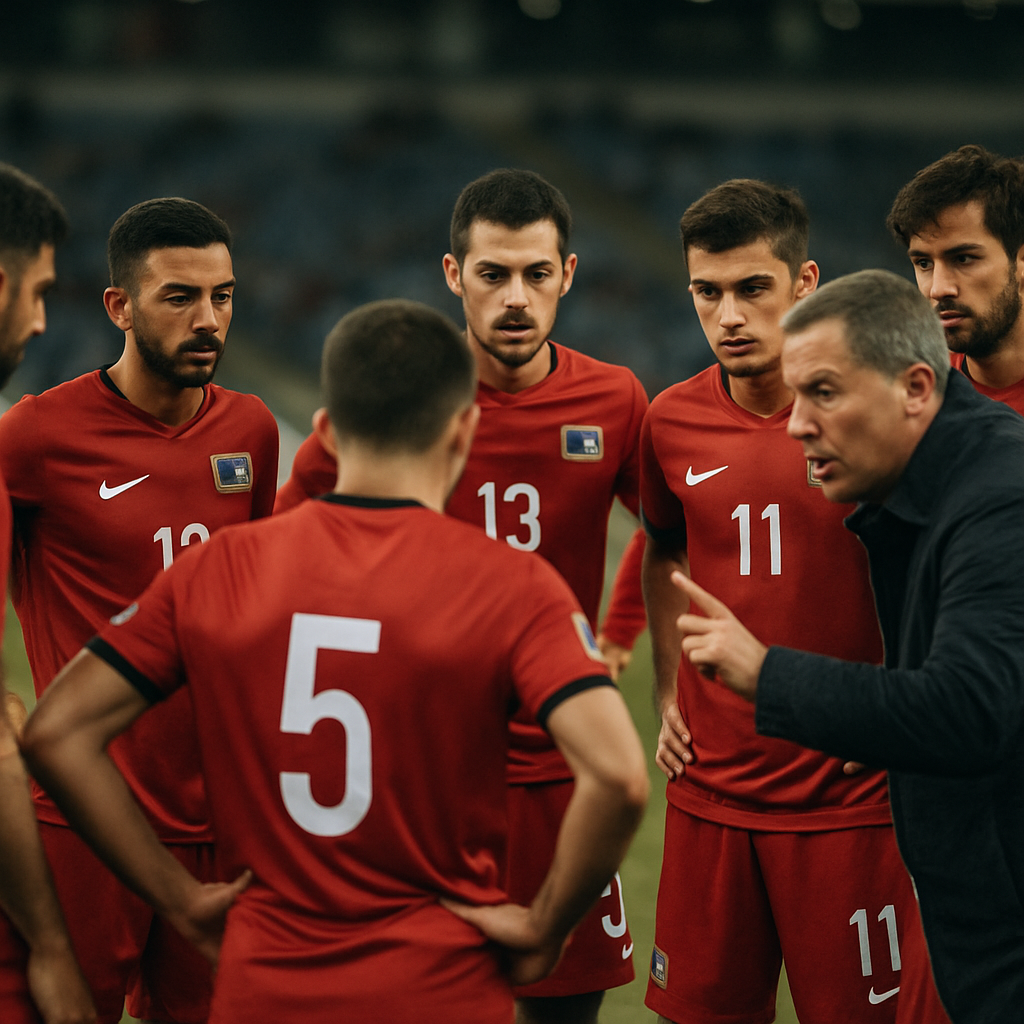 Azerbaijan national team players gather in a focused huddle on the pitch before a