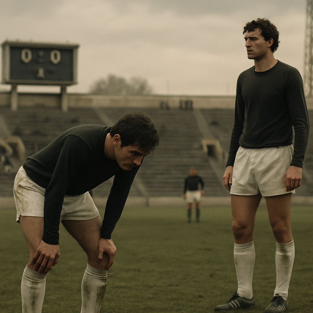 Exhausted Neftçi players on a 1970s football pitch after finishing fourth and missing promotion.