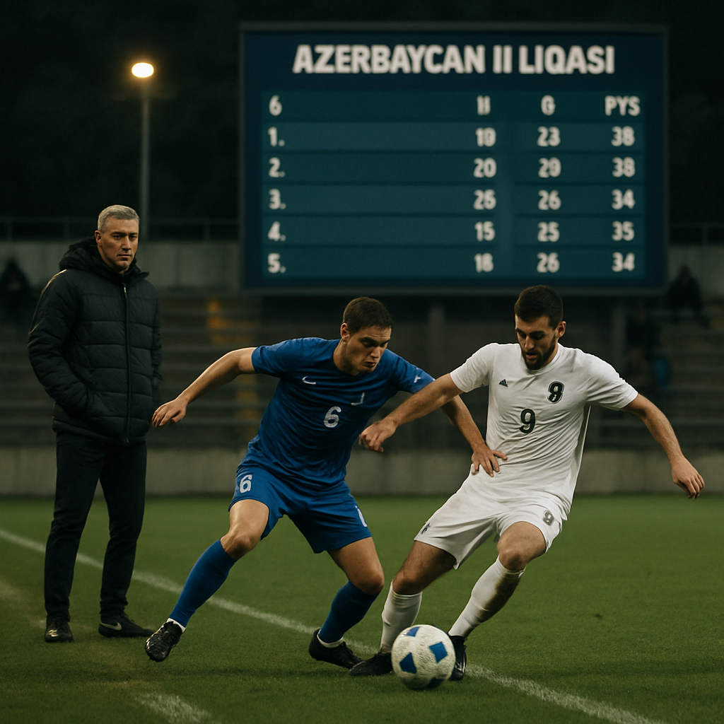 Players compete for the ball in a local football stadium as a coach watches,