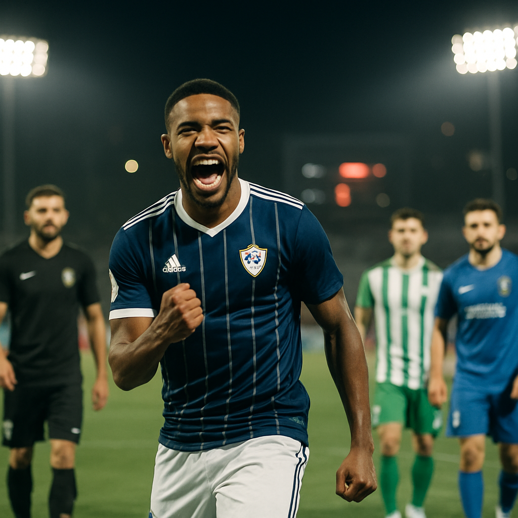 Leandro Andrade celebrates on the pitch as four rival players trail him in the
